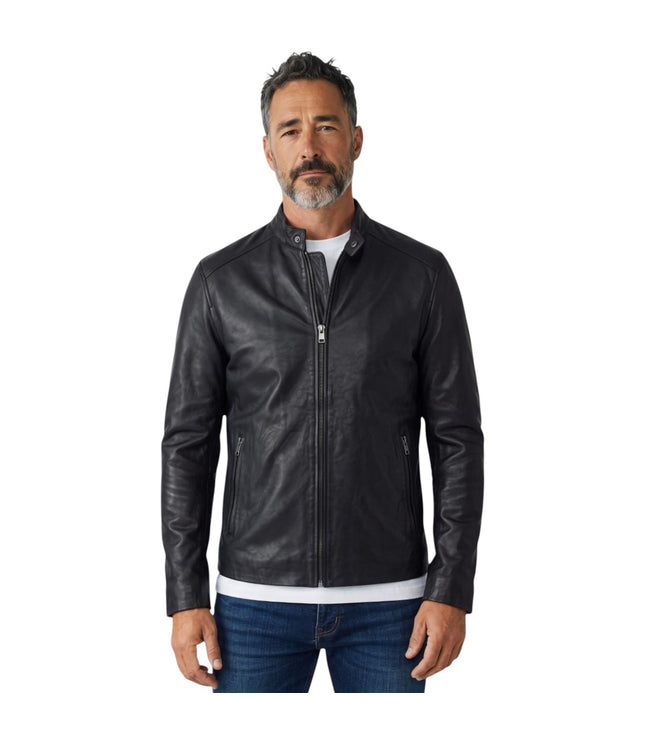 Mens Leather Black Stand Collar Cafe Racer Biker Jacket - E184