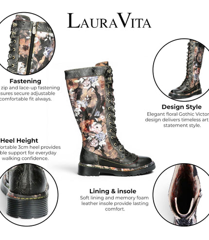 Laura Vita Women's Maroon Gothic Victorian Floral Black Leather Knee-High Lace-Up Boots - Incaso-50