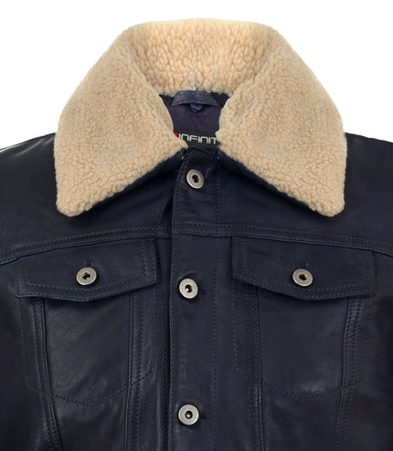 Mens Removable Collar Leather Trucker Jacket-Zagreb - Navy
