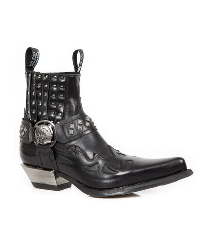 New Rock Studded Black Leather Western Biker Boots-7950-S1