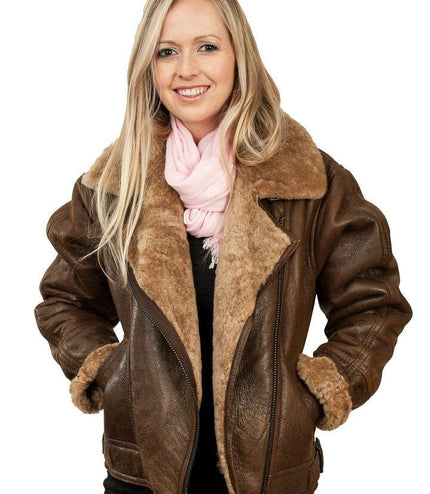 Womens B3 Sheepskin Leather Flying Jacket-Bergamo - Brown Ginger