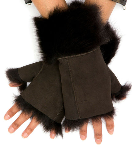 Womens Shearling  Mittens Fingerless Cuffs Toscana Suede Sheepskin Fur - Brown