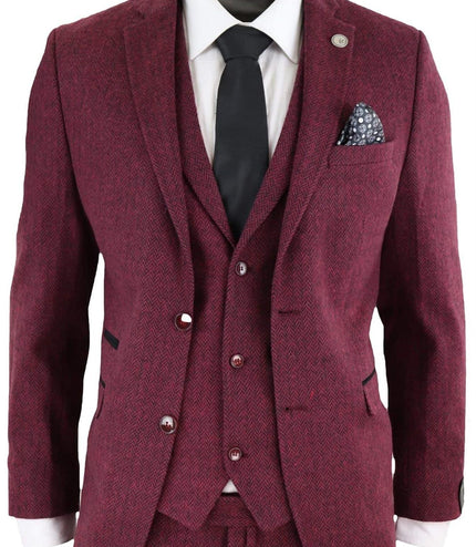 Mens 3 Piece Wine Herringbone Wool Tweed Retro Suit