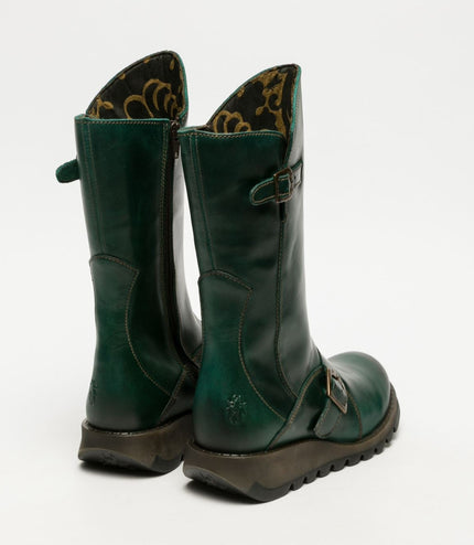 Fly London Womens Green Mes 2 Wedge Heel Buckle Mid-Calf Leather Zip Platform Boots