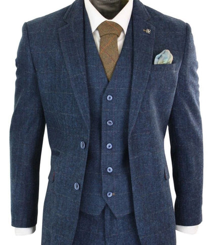 Mens 3 Piece Navy Blue Tweed Herringbone Vintage Classic Suit