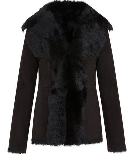 Women's Black Sheepskin Toscana Shearling Suede Leather Jacket - Noir