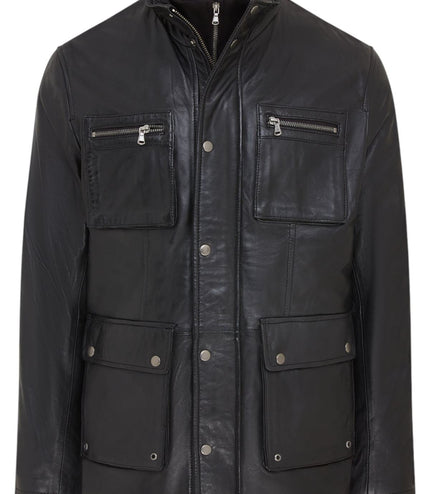 Men's Leather Military Jacket Outwear Trenchcoat - Field - Black