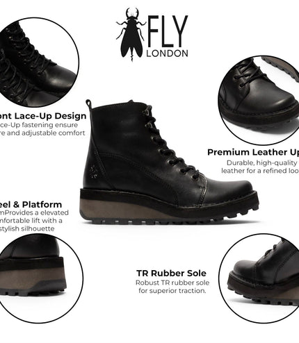 Fly London Womens Black Leather Lace-Up Ankle Boots - HAZI147