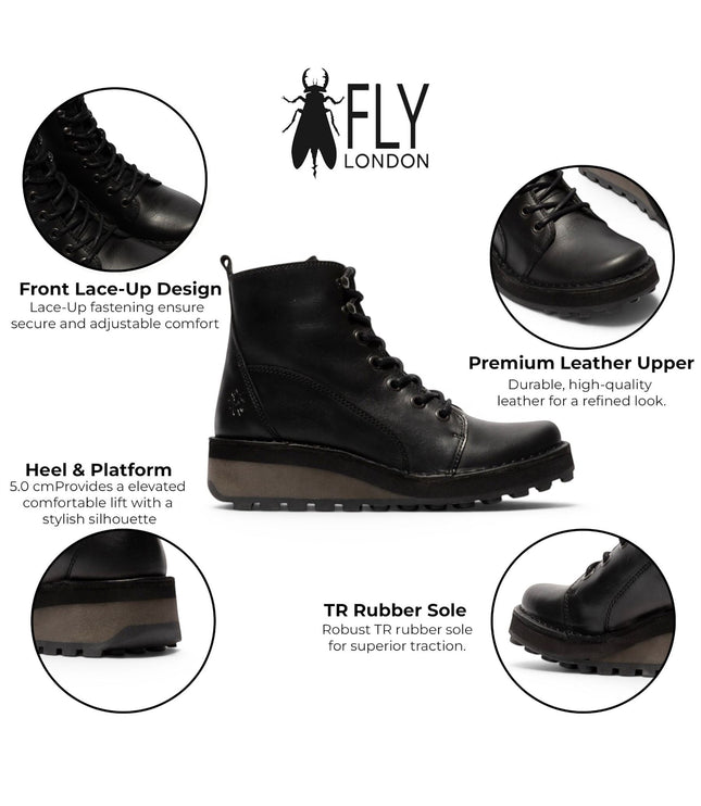 Fly London Womens Black Leather Lace-Up Ankle Boots - HAZI147