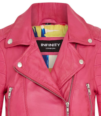 Womens Cropped Brando Leather Biker Jacket-Damascus - Fuschia
