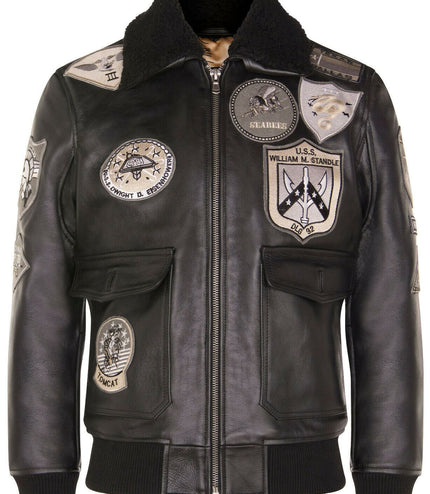 Mens A2 Top Gun Leather Bomber Jacket-Camborne - True Black
