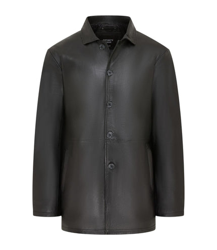 Men's Black Leather Long Collared Car Coat Jacket - Berry