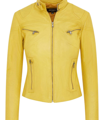 Womens Slim-Fit Leather Biker Jacket-Maldon - Yellow