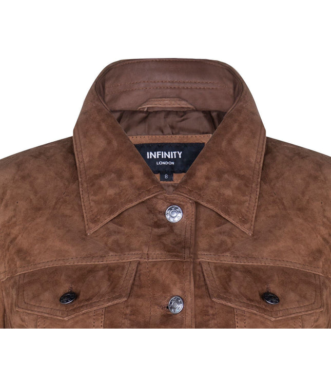 Womens Goat Suede Trucker Jeans Jacket-Astoria - Tan