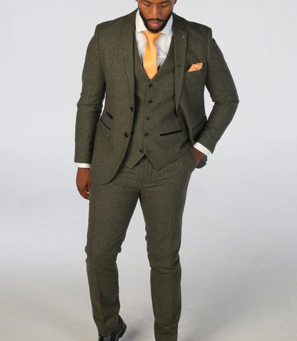 Men's Olive Green Wool Blend Tweed Formal Trousers