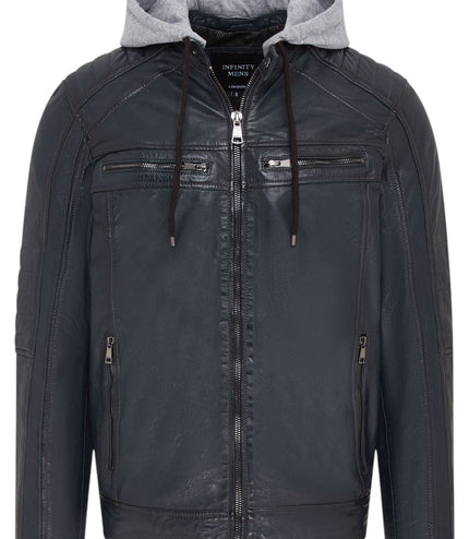 Men's Hooded Biker Lamb Leather Jacket - Burten - Navy