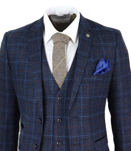 Mens 3 Piece Navy Blue Tweed Check Vintage Suit