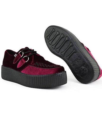TUK Viva High Creeper Burgundy Velvet Platform Lace-Up Goth Shoes - AV6802