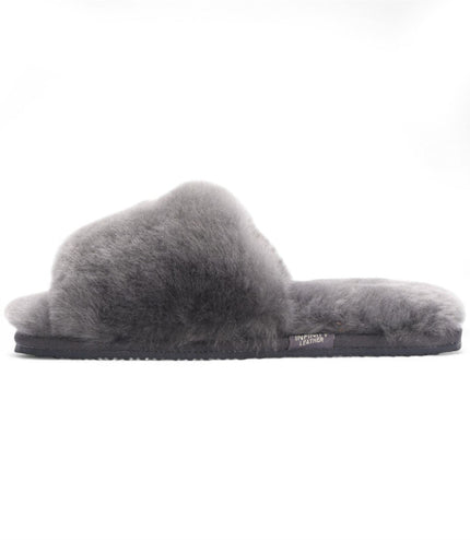 Women's Sheepskin Slippers Grey Warm Winter Fur Sliders - Nordic