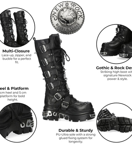 New Rock M-161-C10 Knee High Black Leather Spiked Gothic Boots