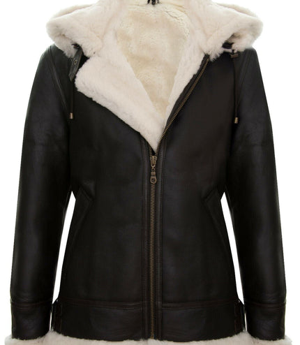 Mens Hooded Sheepskin Leather B3 Flying Jacket-Columbus - Brown
