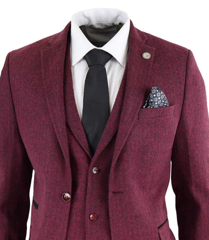 Mens 3 Piece Wine Herringbone Wool Tweed Retro Suit