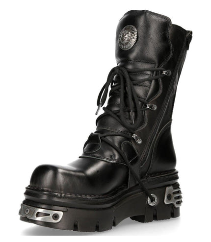 New Rock Unisex Black Leather Gothic Mid-Calf Boots - 373-S4