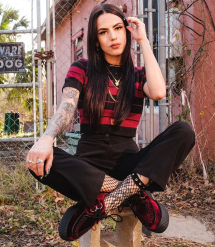 TUK Viva High Creeper Burgundy Velvet Platform Lace-Up Goth Shoes - AV6802