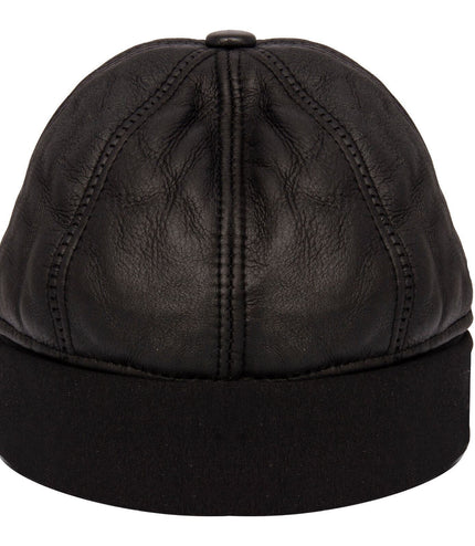 Mens Leather Black Beanie Hat 100% Sheepskin Winter 6 Panel Hat One size