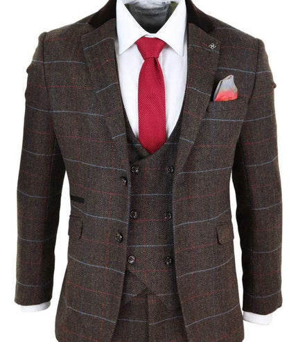 Mens 3 Piece Dark Brown Check Tweed Herringbone Vintage Classic Suit