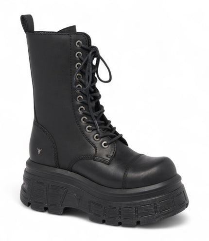Windsorsmith Womens Black Mid-Calf Biker Leather Platform Combat Boots - Screaming
