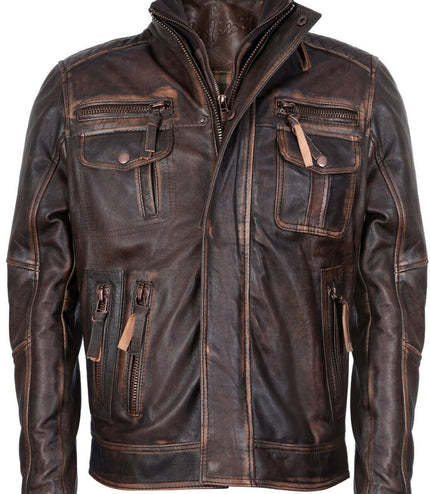 Men's Leather Retro Biker Jacket-Toronto - Brown