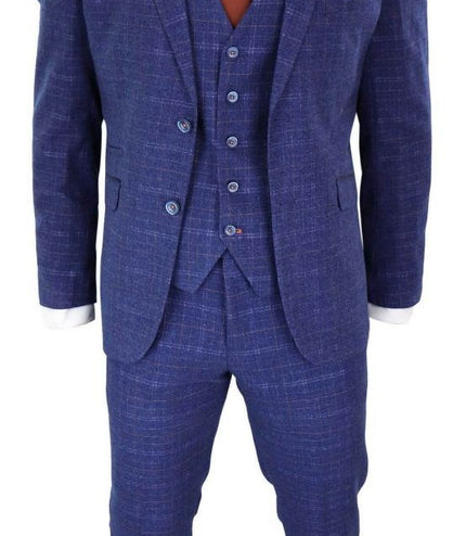 Mens 3 Piece Blue Tweed Check Vintage Classic Suit