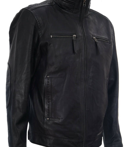 Mens Classic Leather Biker Jacket-Caracas - Black