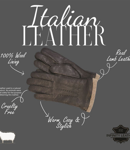 Men's Black Italian Leather Warm Wool Lining Winter Gloves - M-LGV-405