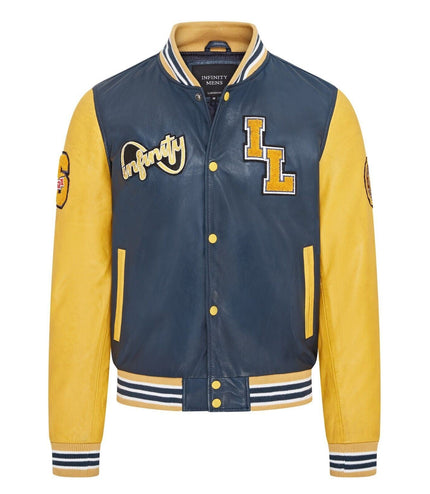 Mens Baseball Leather Letterman Bomber Jacket - Ashwood - Blue