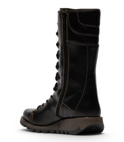 Fly London Women’s Black Leather Lace-Up Combat Ankle Boots- STER768