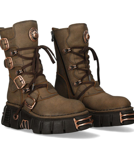 New Rock Brown Leather Gothic Mid-Calf Biker Boots - M-373XL-C120