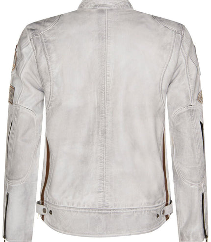 Mens Racing Leather Biker Jacket-Portland - White