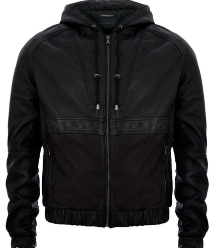 Men's Casual Leather Hooded Bomber Jacket-Odesa - Black