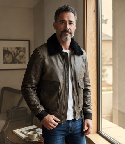 Mens Brown Leather Aviator Bomber Jacket - Lunar