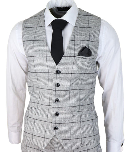 Mens 3 Piece Tweed Suit Grey Check Peaky Blinders 1920 Gatsby Wedding Suit