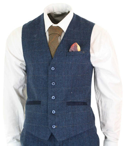 Mens 3 Piece Navy Blue Tweed Herringbone Vintage Classic Suit