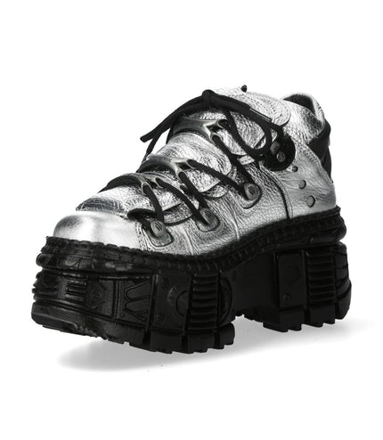 New Rock M-106Wall-C29 Metallic Silver Black Leather Gothic Ankle Boots