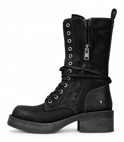 Windsorsmith Womens Black Suede Combat Boots Mid-Calf Lace-Up Biker Shoes - Gather