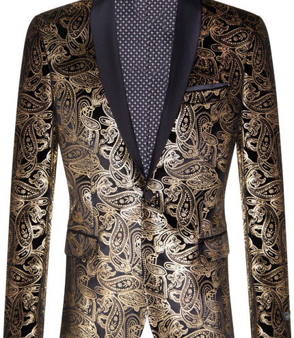 Mens Classic Gold Paisley Black Velvet Tuxedo Dinner Jacket Tailored Fit Blazer