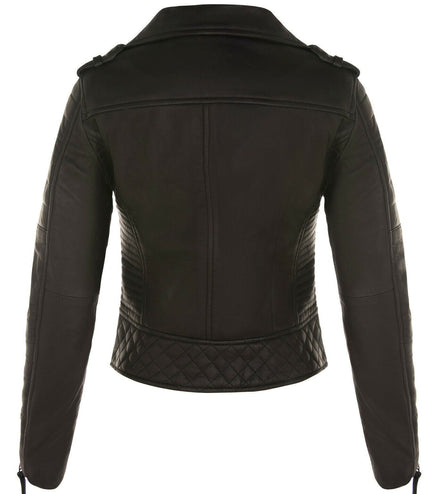 Womens Leather Quilted Vintage Brando Biker Jacket-Lusaka - Black