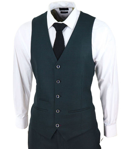 Mens Olive Green 3 Piece Check Tailored Fit Suit