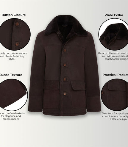 Men's Classic Brown Real Sheepskin Shearling Suede Leather Coat Jacket