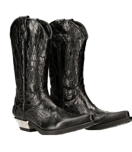 New Rock Flame Accented Black Leather Biker Cowboy Boots- M-7921-S1